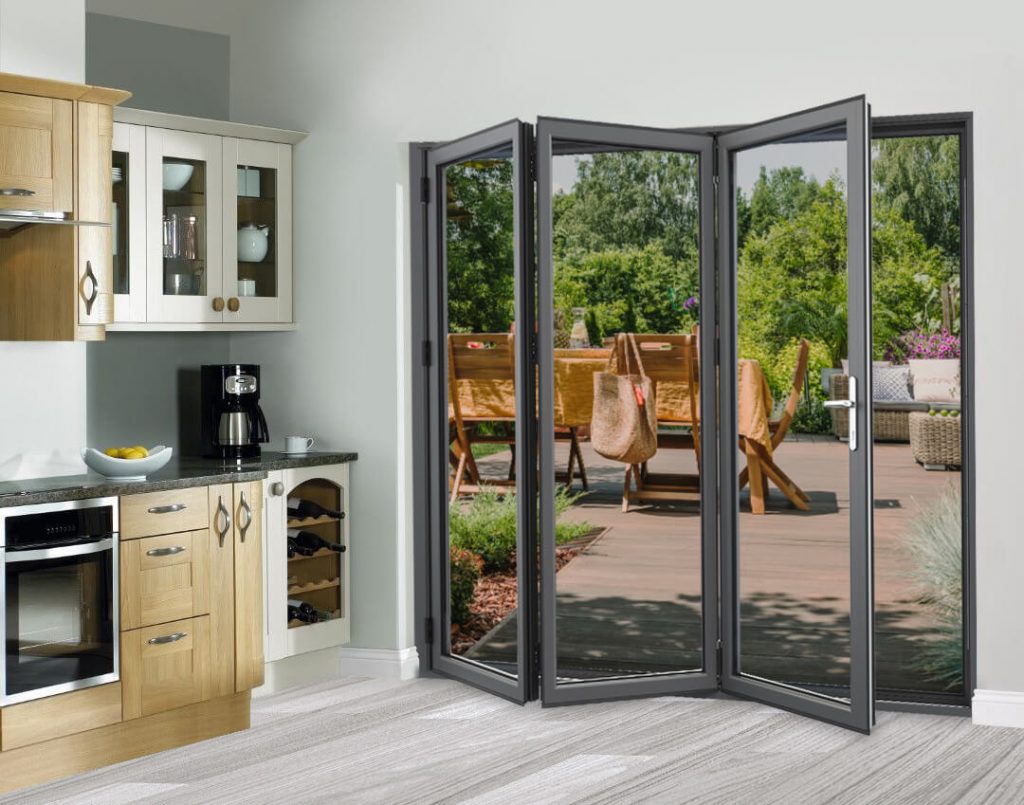 Grey Aluminium Three Pane Bi-Fold Door
